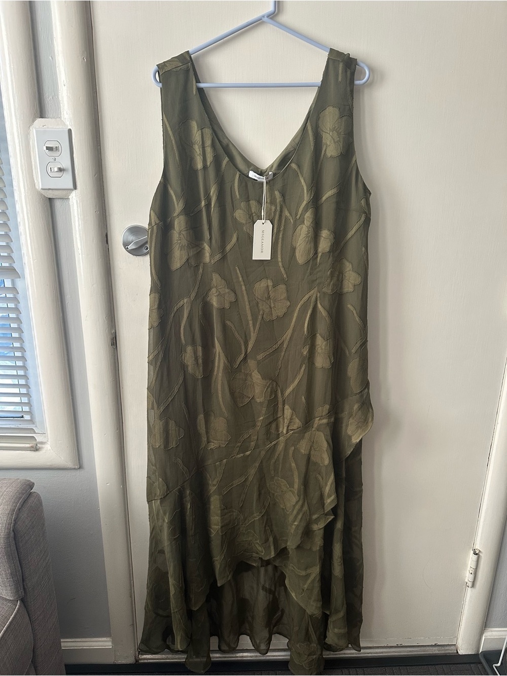 Olive Green Sleeveless V-Neck High-Low Floral Dress